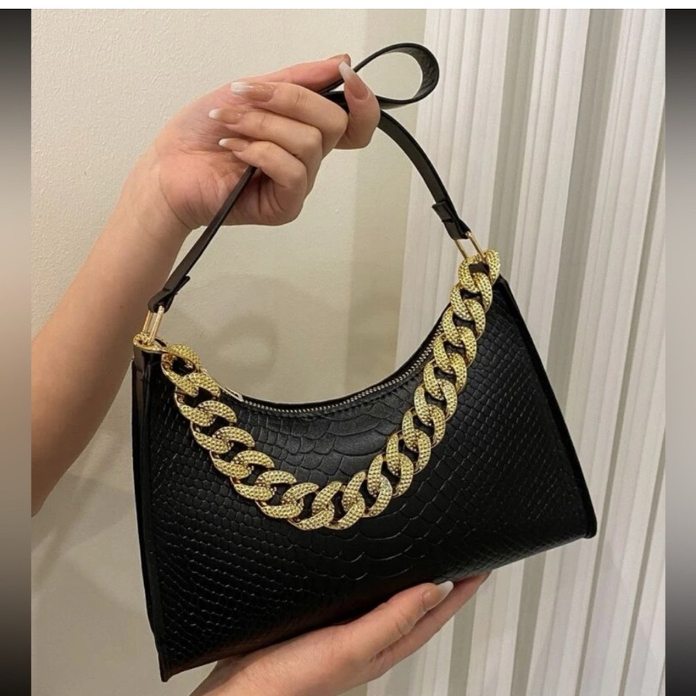 Black Croc-Embossed Shoulder Bag with Gold Chain